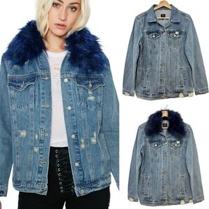 BoomBoom Jean Trucker Denim Chore Jacket Blue Fur Boyfriend Distressed Relaxed M